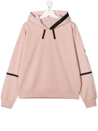 Shop Moncler Cotton Pink Logo Trim Hoodie