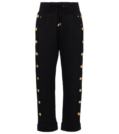 Shop Balmain Embellished Cotton Sweatpants In Black