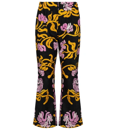 Shop Marni Floral Flared Cotton Pants In Black