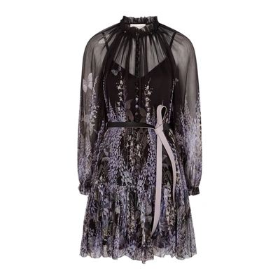 Shop Zimmermann Botanica Lantern Floral-print Silk-chiffon Mini Dress In Black