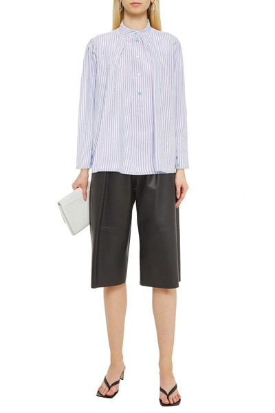 Shop Alberta Ferretti Pleated Striped Poplin Blouse In Sky Blue