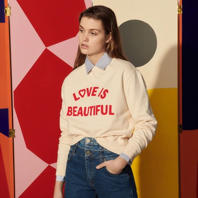 Shop Sandro Sweatshirt With Contrasting Block Motif In Light Beige