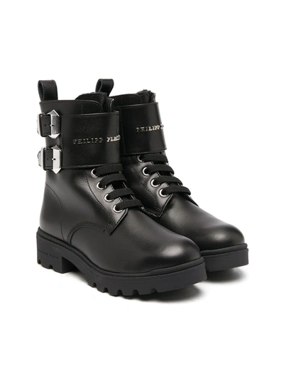 Shop Philipp Plein Junior Lace-up Leather Boots In Black