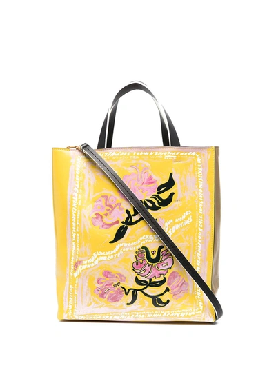 Shop Marni Floral Print Tote Bag In Yellow