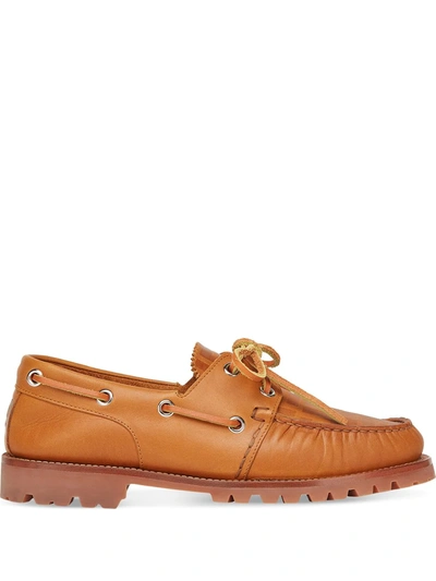 Shop Fendi Ff Leather Boat Shoes In Brown