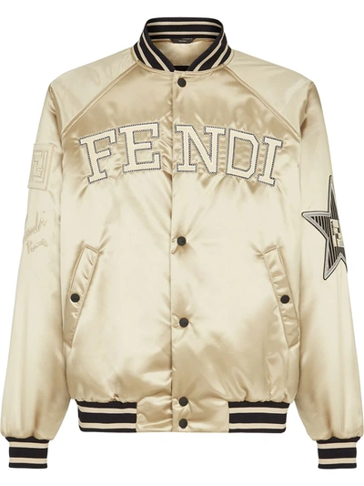 Shop Fendi Embroidered Logo Buttoned Bomber Jacket In Neutrals