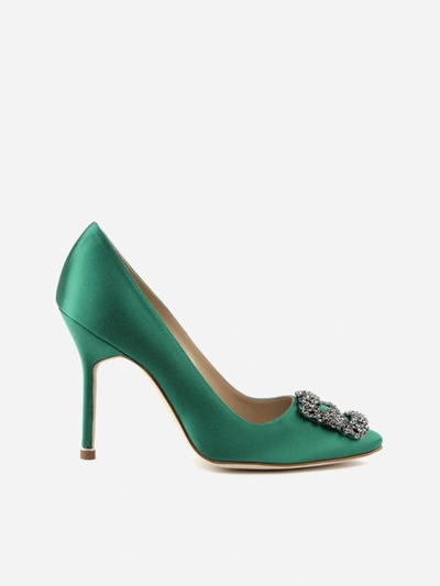 Shop Manolo Blahnik Hangisi Décolleté In Satin With Jewel Buckle In Green