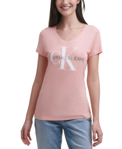 Shop Calvin Klein Jeans Est.1978 V-neck Logo T-shirt In Pomello