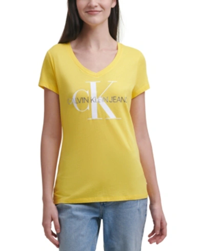 Shop Calvin Klein Jeans Est.1978 V-neck Logo T-shirt In Sunflower