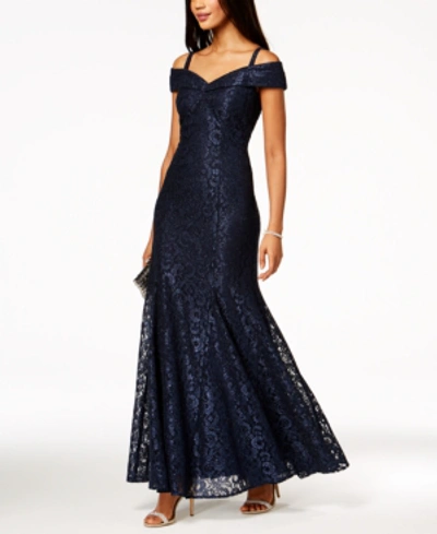 Shop R & M Richards Off-the-shoulder Petite Lace Gown In Navy