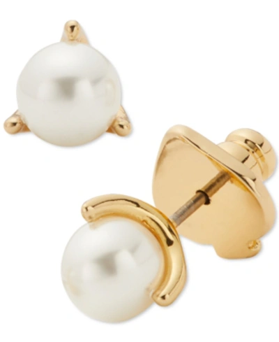 Shop Kate Spade Gold-tone Imitation Pearl 3-prong Mini Stud Earrings In Cream/gold