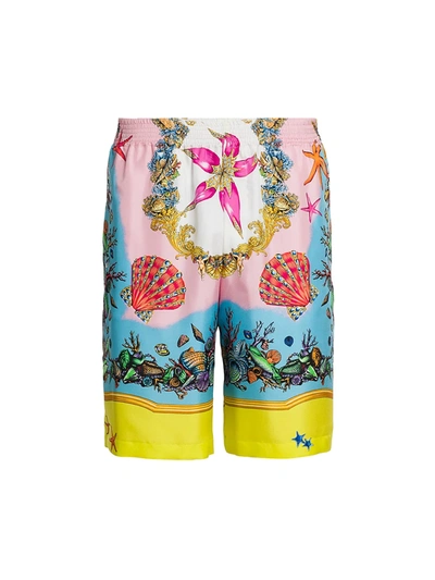 Shop Versace Tr Sor De La Mer Silk Shorts In Yellow Multi