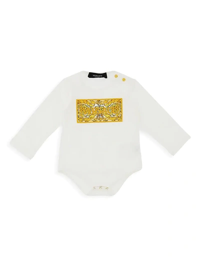 Shop Versace Baby's Barocco Logo-embroidered Bodysuit In White Gold