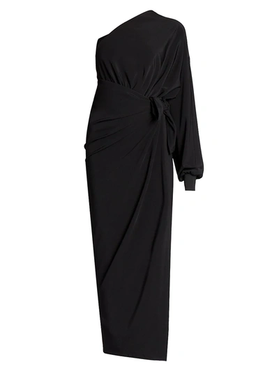 Shop Balenciaga One-shoulder Knotted Wrap Dress In Black