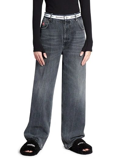 Shop Balenciaga Logo Waistband Straight-leg Jeans In Noir Iceburg