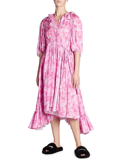 Shop Balenciaga Floral Ruffle Wrap Dress In Pink