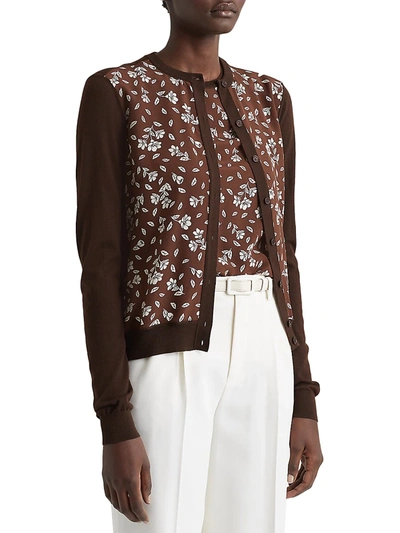 Shop Ralph Lauren Floral Wool-silk Cardigan Sweater In Bright Brown