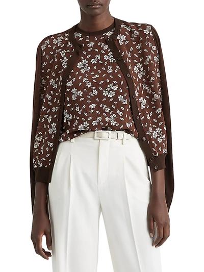 Shop Ralph Lauren Floral Wool-silk Cardigan Sweater In Bright Brown