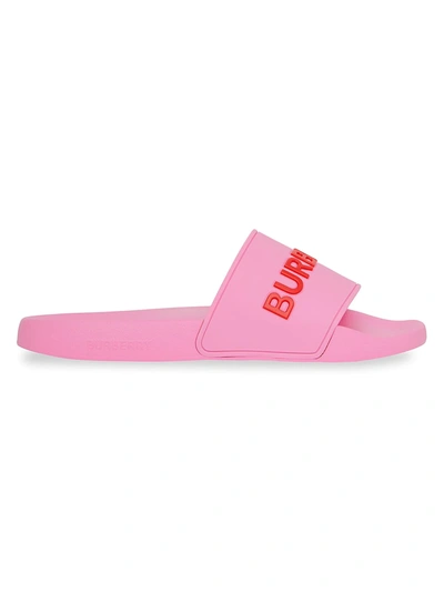 Shop Burberry Women's Furley Logo Pool Slides In Bubble Gum Pink