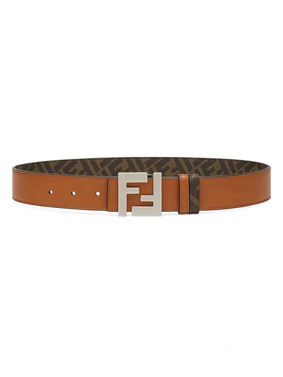 Shop Fendi Men's Logo Reversible Belt In Leather Tobacco