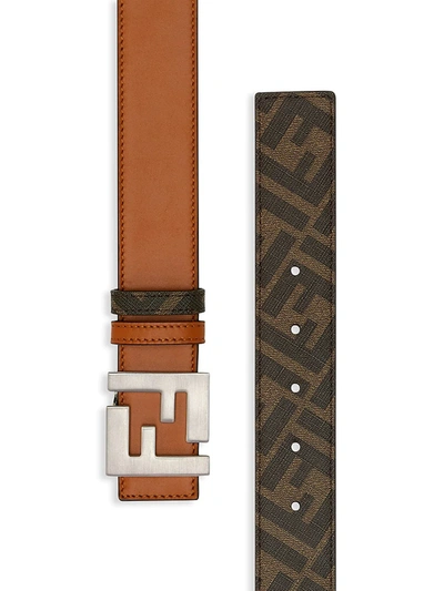 Shop Fendi Men's Logo Reversible Belt In Leather Tobacco