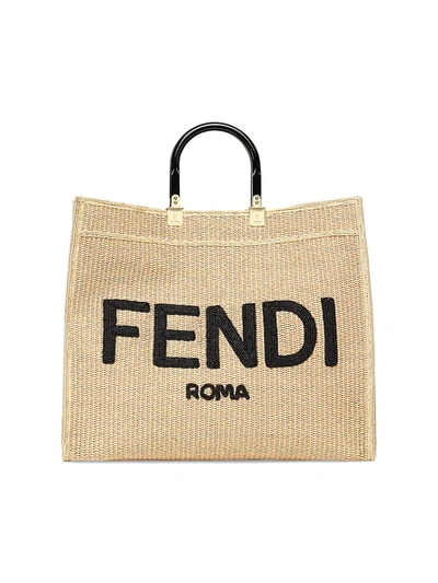 Shop Fendi Large Sunshine Logo Raffia Shopper In Paglia Neroos