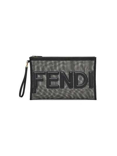 Shop Fendi Women's Large Logo Leather-trimmed Mesh Pouch In Black