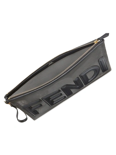 Shop Fendi Women's Large Logo Leather-trimmed Mesh Pouch In Black