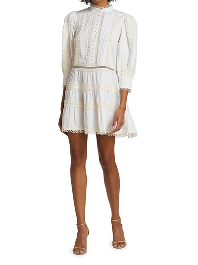Shop Alice And Olivia Clark Embroidered Tier Mini Dress In Off White