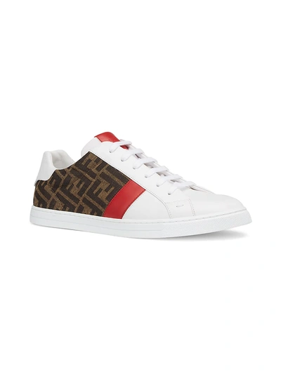 Shop Fendi Diagonal Logo Mix Media Low-top Sneakers In White Rosso Tab