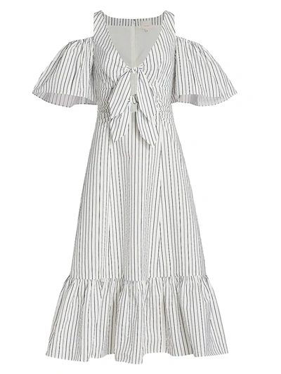 Shop Cinq À Sept Laurel Cold-shoulder Knotted Cutout Midi Dress In Ivory Navy