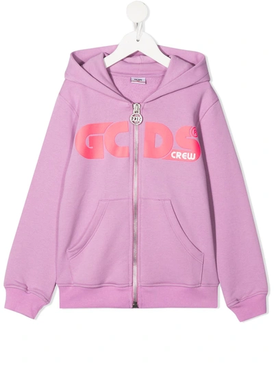 Shop Gcds Cotton Zip-front Hoodie In Purple