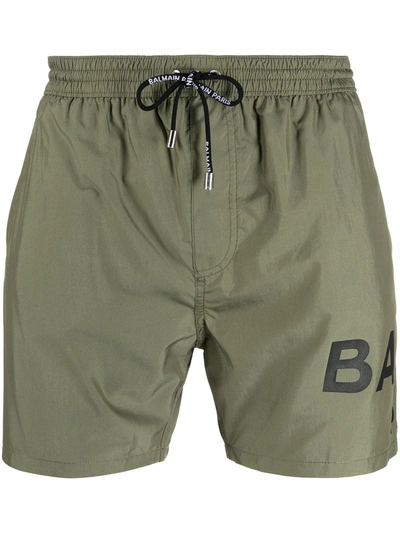 Shop Balmain Logo-print Drawstring Swim Shorts In Green
