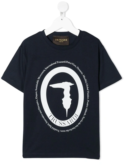 Shop Trussardi Junior Logo Graphic Print Cotton T-shirt In Blue