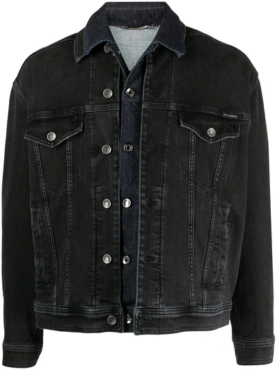 Shop Dolce & Gabbana Layered Lettering Print Denim Jacket In Black