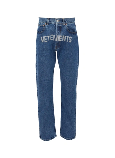 Shop Vetements Crystal Logo Embellished Straight Cut Jeans