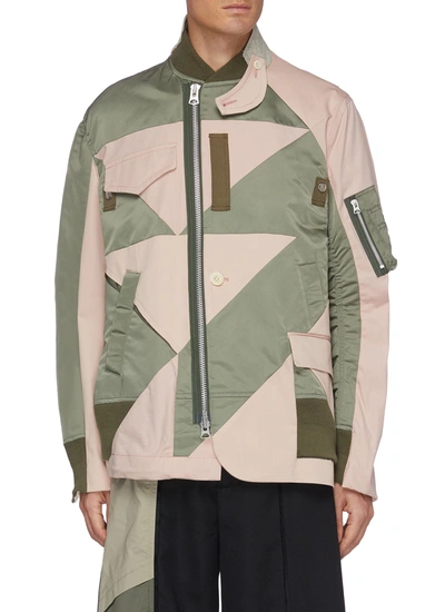 Shop Sacai Mixed Geometric Patchwork Bomber Jacket In Multi-colour