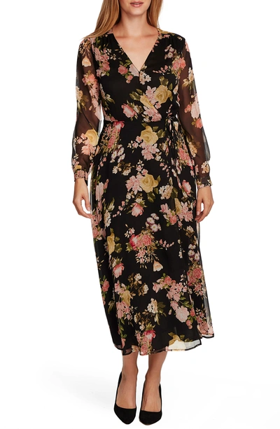 Shop Vince Camuto Beautiful Blooms Long Sleeve Chiffon Midi Wrap Dress In Rich Black