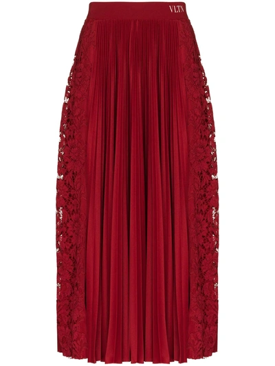 Shop Valentino Floral-lace Pleated Midi Skirt In Red