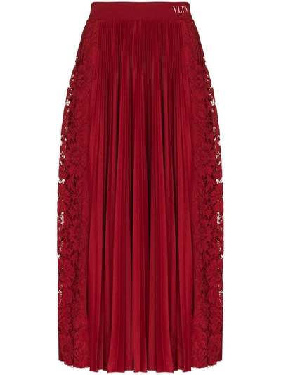 Valentino Red Pleated Lace-trimmed Jersey Midi Skirt In Red