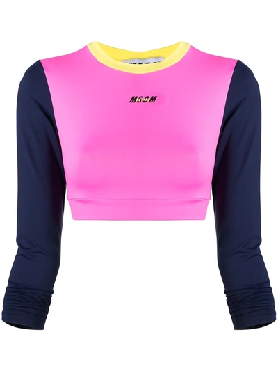Shop Msgm Colour-block Cropped Performance Top In Pink