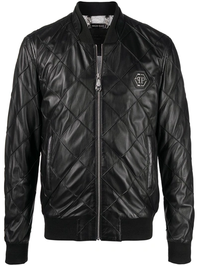 Shop Philipp Plein Quilted Leather Bomber Jacket In Black