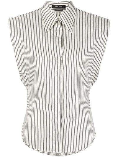 Shop Isabel Marant Striped Padded-shoulder Silk Sleeveless Shirt In Weiss