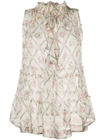 Shop Semicouture Floral-print Ruffled Vest In Neutrals