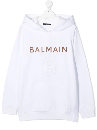 Shop Balmain Teen Embossed Logo Hoodie In White