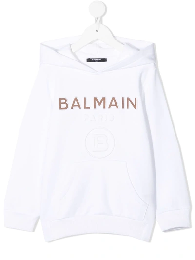 Shop Balmain Embossed Logo Hoodie In White