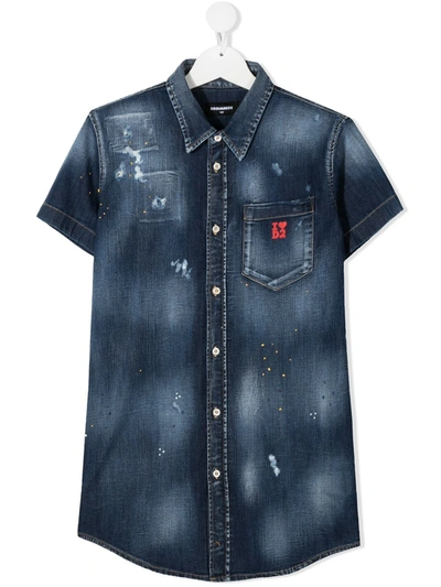 Shop Dsquared2 Teen Distressed Denim Shirt In Blue