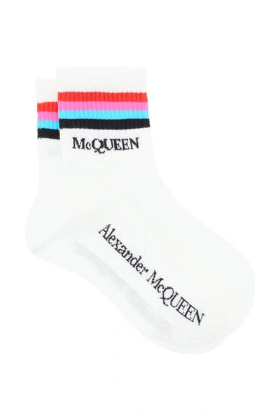 Shop Alexander Mcqueen Stripe Sports Socks In White Black (white)