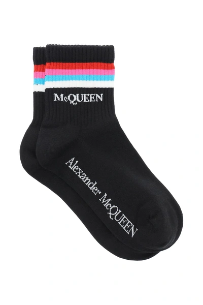 Shop Alexander Mcqueen Stripe Sports Socks In Black White (black)