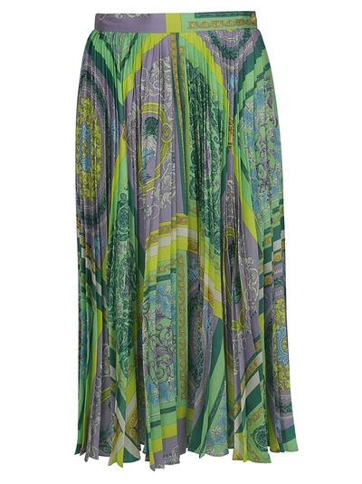 Shop Versace Pleated Printed Skirt In Lilla/green